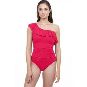 NWT GOTTEX 12 one shoulder ruffled swimsuit 1 piece tummy control off shoulder